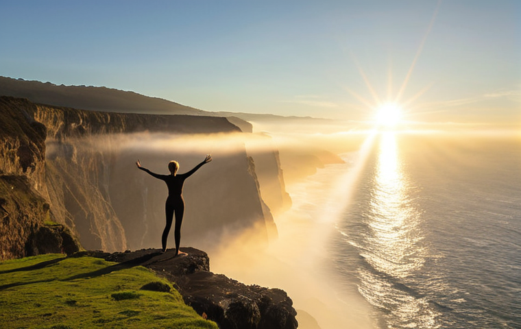 A solitary figure stands on a sun-drenched cliff overlooking a vast, calm ocean at sunrise. The person is extending their hands forward, palms open, as if gently releasing a luminous, ethereal mist or a collection of symbolic, weightless chains that float away into the horizon. Their posture conveys profound relief and liberation, facing away from the viewer towards the expansive, peaceful landscape. The scene emphasizes emotional freedom and letting go of past burdens.