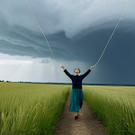A person, gender-neutral, in a modest business casual outfit, captured in a dynamic pose of liberation. They are stepping forward, as if shedding or breaking free from translucent, ethereal chains that dissolve into light behind them. The path beneath them transitions from a dim, slightly stormy landscape to a bright, serene, open field under a clear, calm sky. The figure's expression conveys deep relief, peace, and newfound freedom. The overall atmosphere is one of profound transformation, illuminated by gentle, hopeful lighting.