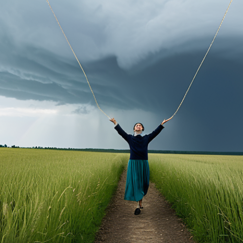 A person, gender-neutral, in a modest business casual outfit, captured in a dynamic pose of liberation. They are stepping forward, as if shedding or breaking free from translucent, ethereal chains that dissolve into light behind them. The path beneath them transitions from a dim, slightly stormy landscape to a bright, serene, open field under a clear, calm sky. The figure's expression conveys deep relief, peace, and newfound freedom. The overall atmosphere is one of profound transformation, illuminated by gentle, hopeful lighting.