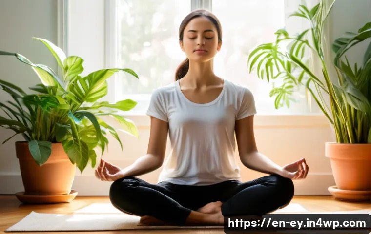 용서 심리학 갈등 해결을 위한 기술 - A serene scene of a person sitting cross-legged in a sunlit room, practicing mindfulness meditation ...